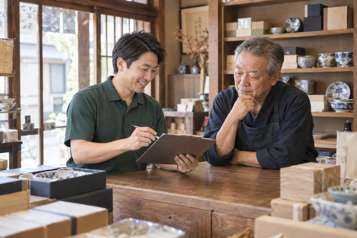 査定内容を店主に説明する担当者のイメージ写真