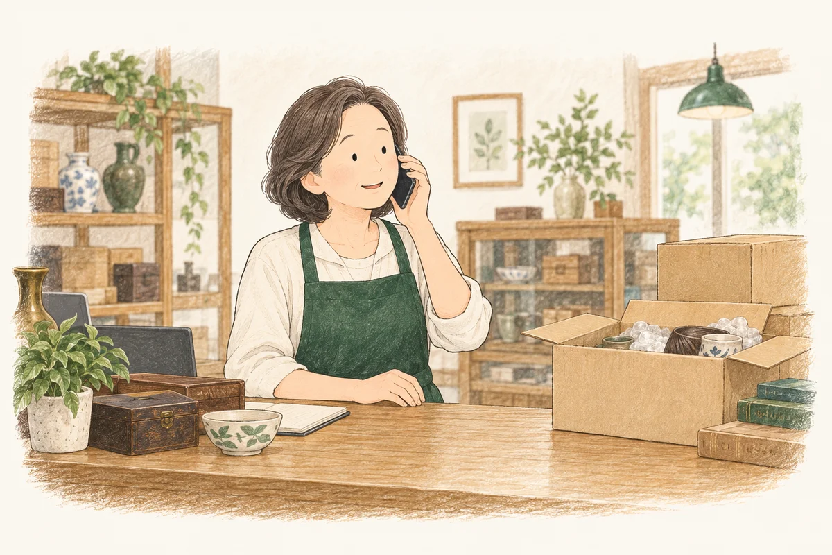 電話で在庫について相談する店主