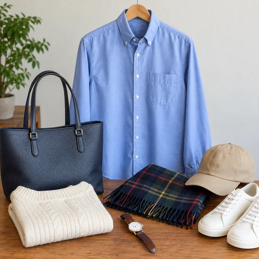 買取対象品目のイメージ：ハンガーに並んだ衣類と服飾小物
