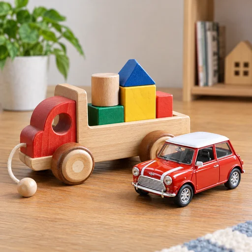 買取対象品目のイメージ：木製玩具とミニカー