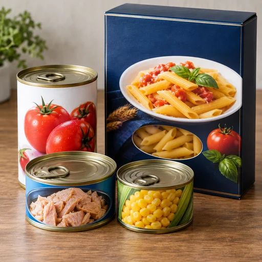買取対象品目のイメージ：未開封の缶詰と箱入り食品