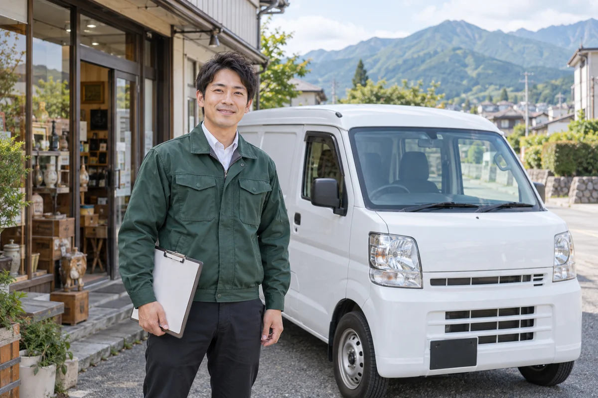 店舗への出張買取に訪れる担当者と車両