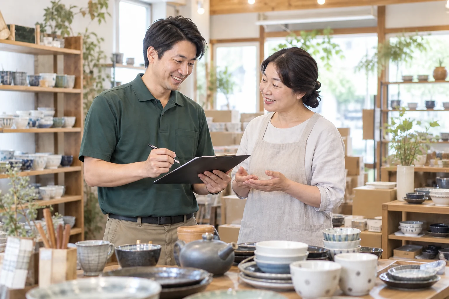 衣類や食器、小型家電などの在庫を、店主と査定担当者が一緒に確認するイメージ